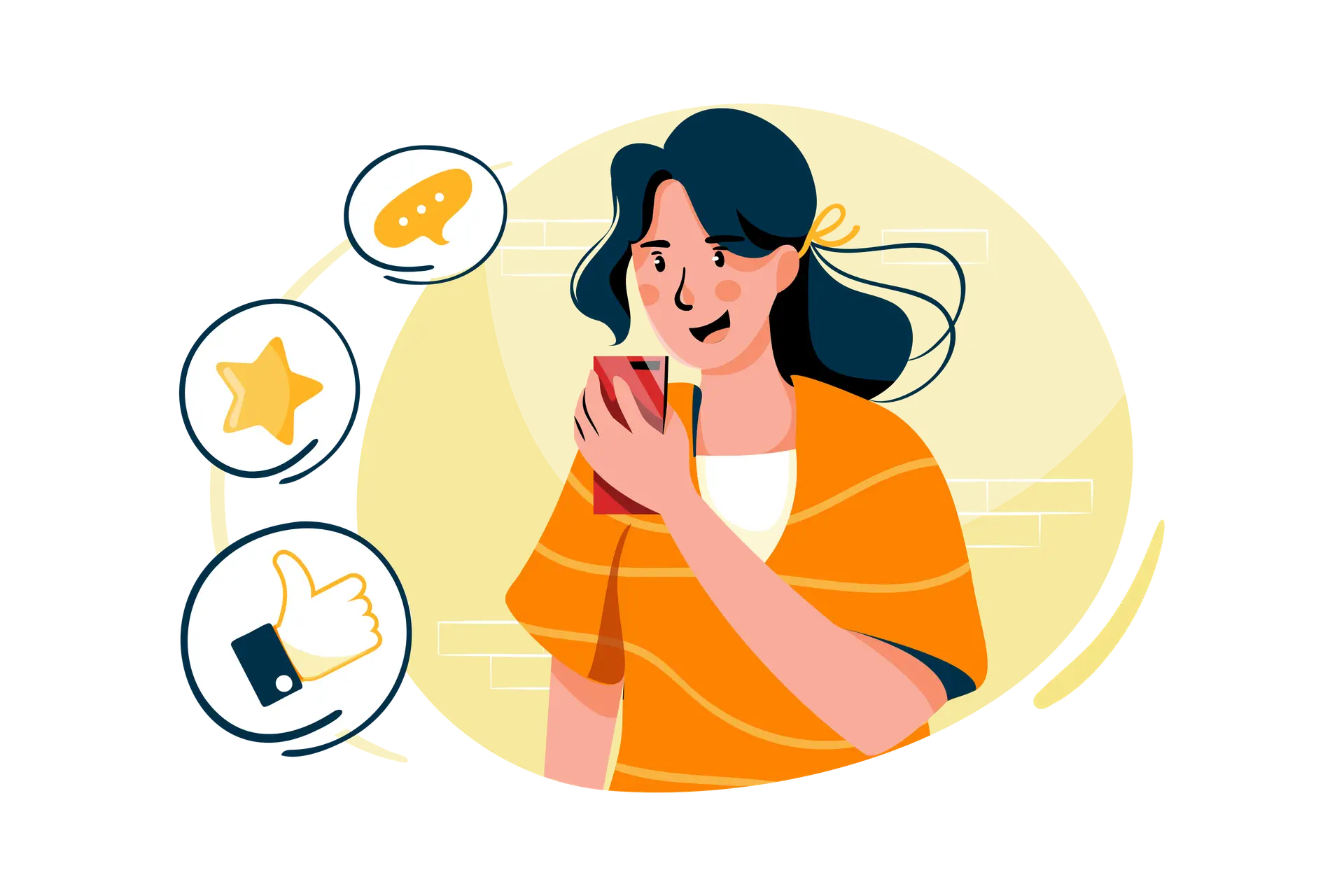 A young woman interacting with her smartphone at home, surrounded by icons symbolizing communication, approval, and favorability, such as a speech bubble, a star, and a thumbs-up.