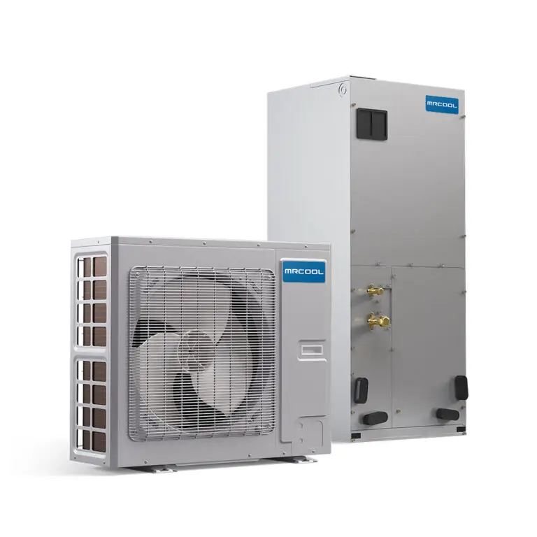 Split air conditioning system with external compressor unit and internal air handling unit featuring efficient inverters.