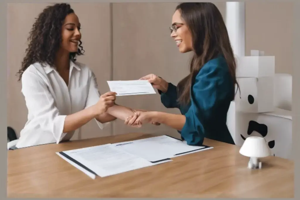 Two professional women engaging in a friendly handshake over a desk, exchanging documents in a collaborative office environment.