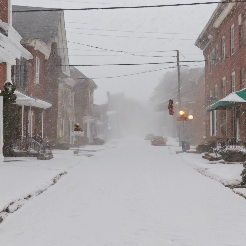 A snowy street in Dallastown PA, with snow-covered cars, sidewalks, and traditional buildings, under a heavy snowfall, obscuring visibility. Traffic lights display red, and streets are nearly