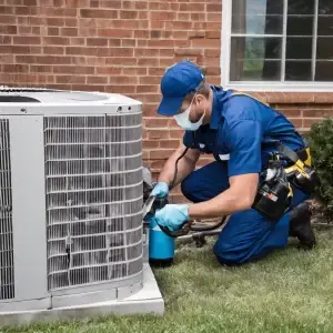 A technician in blue uniform and mask services an outdoor air conditioning unit, using tools and consulting a manual next to a residential building.