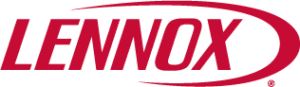 The image shows the Lennox logo in red, with "LENNOX" in bold, italicized uppercase letters and a curved red swoosh above and below—symbolizing quality in HVAC installation and furnace installs.