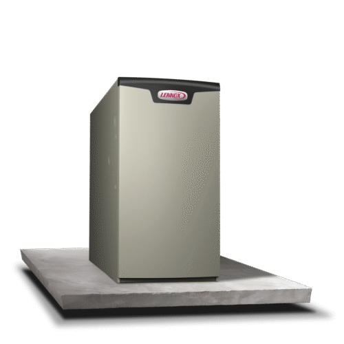 A Lennox HVAC furnace unit with a metallic finish sits on a concrete platform, shown against a transparent background. The Lennox logo is visible at the top front of the unit. - Shrewsbury Plumbing, Heating & Air Conditioning. A Lennox HVAC furnace unit with a metallic finish sits on a concrete platform, shown against a transparent background. The Lennox logo is visible at the top front of the unit.