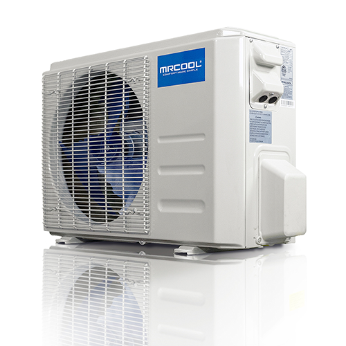 A white MRCOOL outdoor air conditioning unit with a protective grille covering the fan, displayed on a reflective surface against a white background—ideal for efficient HVAC installation or reliable AC installs. - Shrewsbury Plumbing, Heating & Air Conditioning. A white MRCOOL outdoor air conditioning unit with a protective grille covering the fan, displayed on a reflective surface against a white background—ideal for efficient HVAC installation or reliable AC installs.