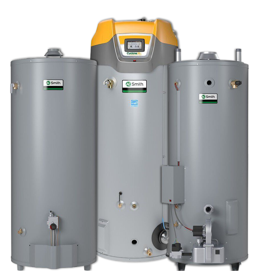 Three gray A.O. Smith commercial water heaters of varying sizes, featuring labels, gauges, and pipes. The central unit has a digital display and a yellow top, while the others have rounded tops and basic fittings. - Shrewsbury Plumbing, Heating & Air Conditioning. Three gray A.O. Smith commercial water heaters of varying sizes, featuring labels, gauges, and pipes. The central unit has a digital display and a yellow top, while the others have rounded tops and basic fittings.