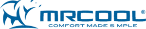 Blue logo with a stylized polar bear on the left and the text “MRCOOL” and “COMFORT MADE SIMPLE” on the right—perfect for HVAC or AC installation—features a missing "I" in "SIMPLE.