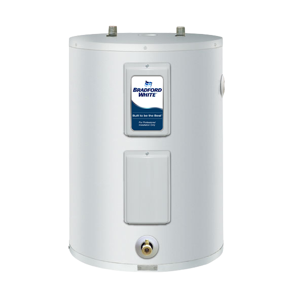 A white Bradford White Residential Water Heater with a cylindrical shape, two top pipe connections, an access panel in the front, and a label displaying the brand name and logo.