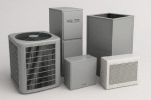 A group of five HVAC units and components, including an outdoor condenser, furnace, electrical box, air handler, and vent with a metallic gray finish—ideal for mastering accurate quotes or preparing detailed HVAC estimates. - Shrewsbury Plumbing & Heating A group of five HVAC units and components, including an outdoor condenser, furnace, electrical box, air handler, and vent with a metallic gray finish—ideal for mastering accurate quotes or preparing detailed HVAC estimates.