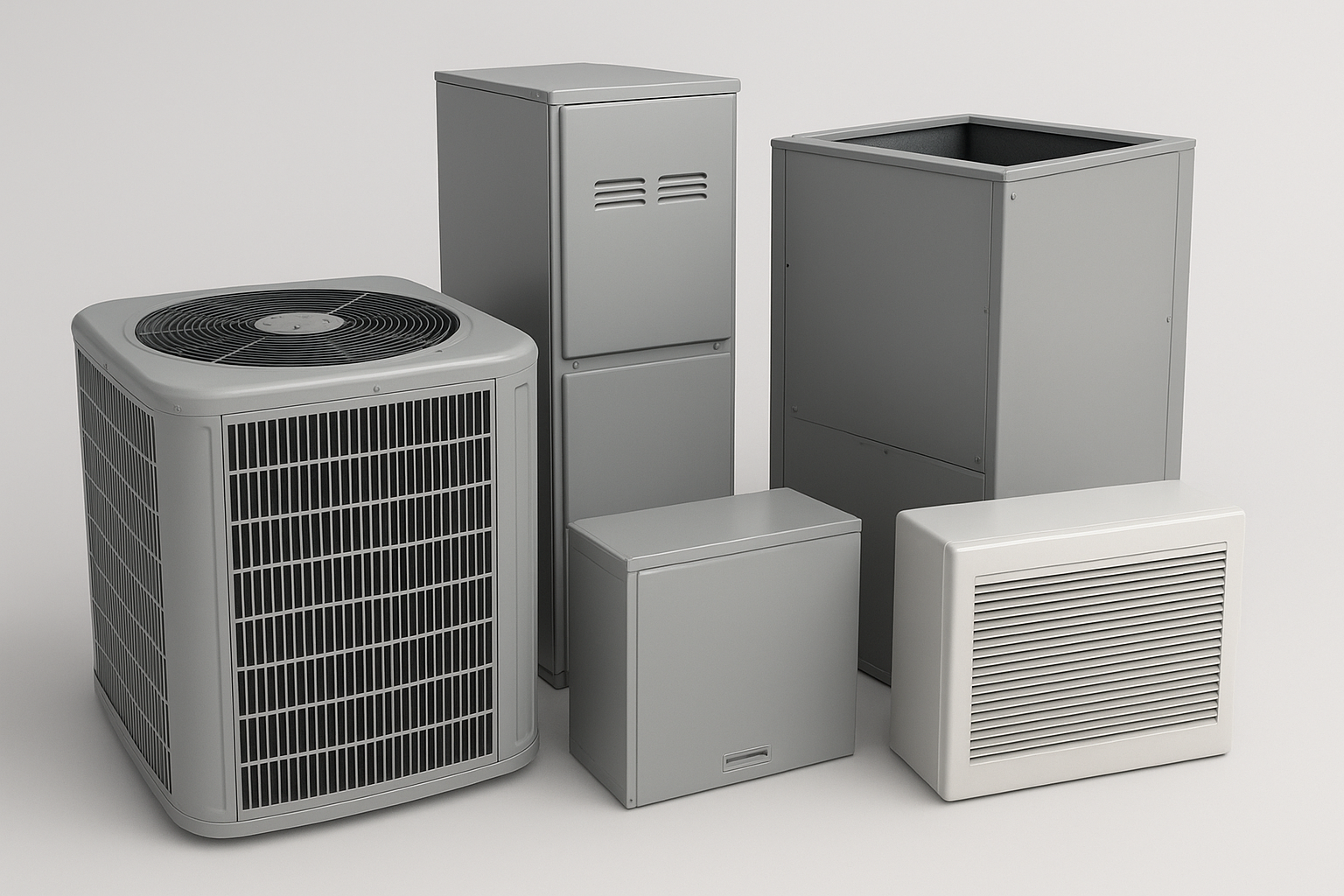 A group of five HVAC units and components, including an outdoor condenser, furnace, electrical box, air handler, and vent with a metallic gray finish—ideal for mastering accurate quotes or preparing detailed HVAC estimates.