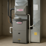 A gray Lennox furnace is installed in a basement with concrete walls, connected to air ducts and various pipes. The Lennox logo is visible on both the furnace and ductwork, delivering comfort and energy efficiency throughout the home. - Shrewsbury Plumbing & Heating A gray Lennox furnace is installed in a basement with concrete walls, connected to air ducts and various pipes. The Lennox logo is visible on both the furnace and ductwork, delivering comfort and energy efficiency throughout the home.