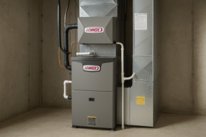 A gray Lennox furnace is installed in a basement with concrete walls, connected to air ducts and various pipes. The Lennox logo is visible on both the furnace and ductwork, delivering comfort and energy efficiency throughout the home. - Shrewsbury Plumbing & Heating A gray Lennox furnace is installed in a basement with concrete walls, connected to air ducts and various pipes. The Lennox logo is visible on both the furnace and ductwork, delivering comfort and energy efficiency throughout the home.