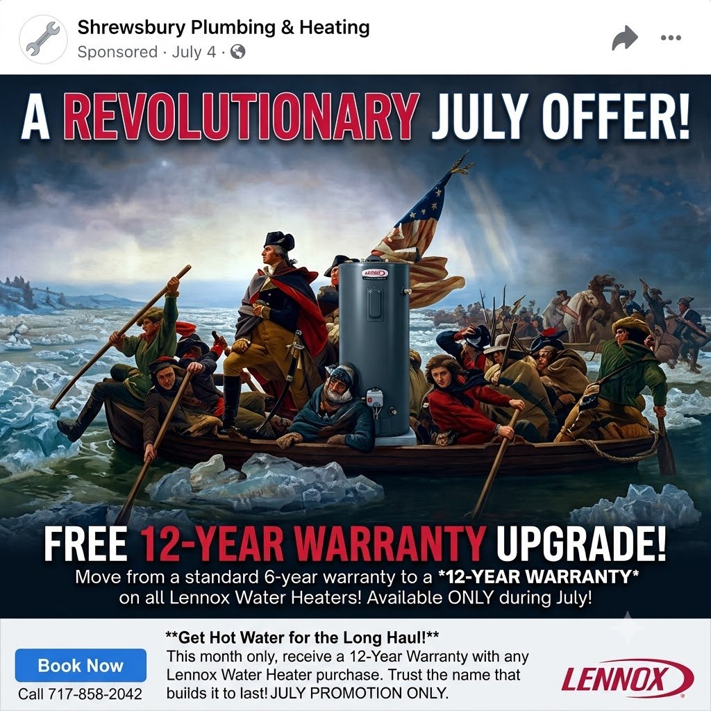 A group of people dressed in historical clothing row a boat carrying a large water heater across icy water. Text promotes a free 12-year warranty upgrade on Lennox water heaters for July from Shrewsbury Plumbing & Heating.