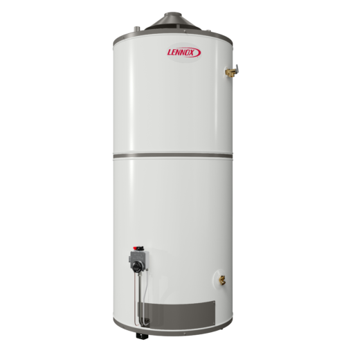 A white, cylindrical Lennox 75 Gallon Gas Storage Water Heater with control panel and pipes, standing upright against a plain, light background. This model features a robust design and comes with a reassuring 12 Year Warranty.