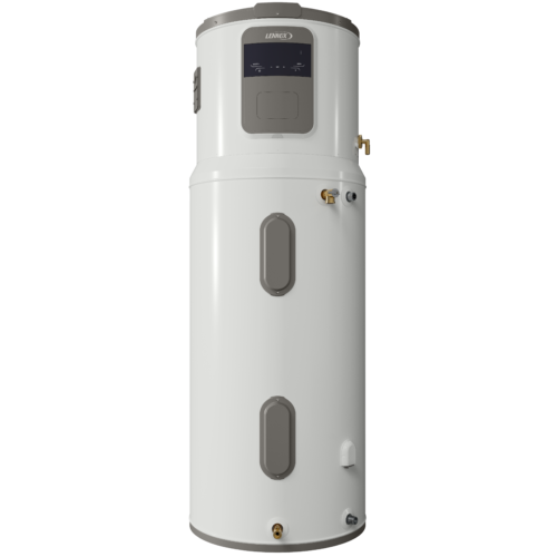 A white, cylindrical Heat Pump Storage Water Heater with a digital control panel and several connection ports and gray access panels on the front. The brand “Lennox” is visible on the top section. This 65 Gallon unit comes with a 12 Year Warranty for added peace of mind.