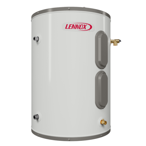 A white cylindrical 50 Gallon electric storage water heater with the Lennox logo on the front, two gray access panels, pipe connections, and brass fittings on the side. This model comes with a reassuring 12 year warranty for long-lasting performance.