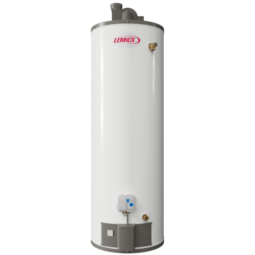 A tall, cylindrical white water heater with the Lennox logo at the top, various valves and controls on the front, and a vent at the top, against a plain background.