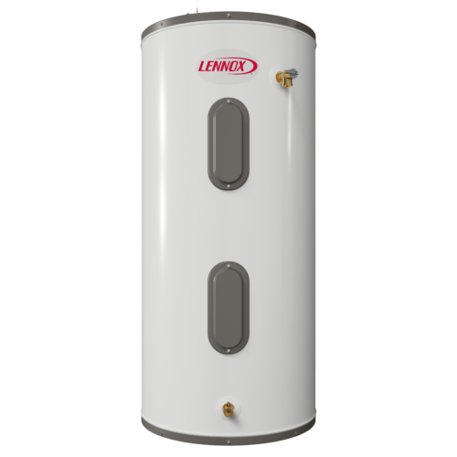 A white, cylindrical water heater with grey access panels and brass fittings, displaying the Lennox logo at the top. The heater is standing upright against a plain white background.