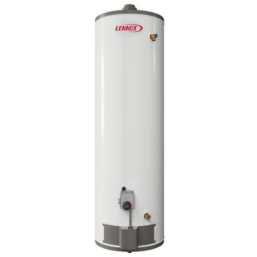 A tall, white Lennox water heater with a cylindrical shape, control knob, and pipes for water input and output. The brand logo is visible near the top of the unit.