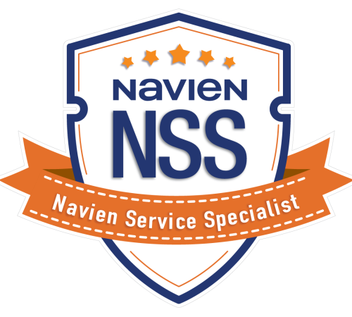 A shield-shaped badge with stars at the top, the words "Navien NSS" in the center, and an orange ribbon across the bottom reading "Navien Service Specialist," highlighting expertise in Residential Water Heaters.