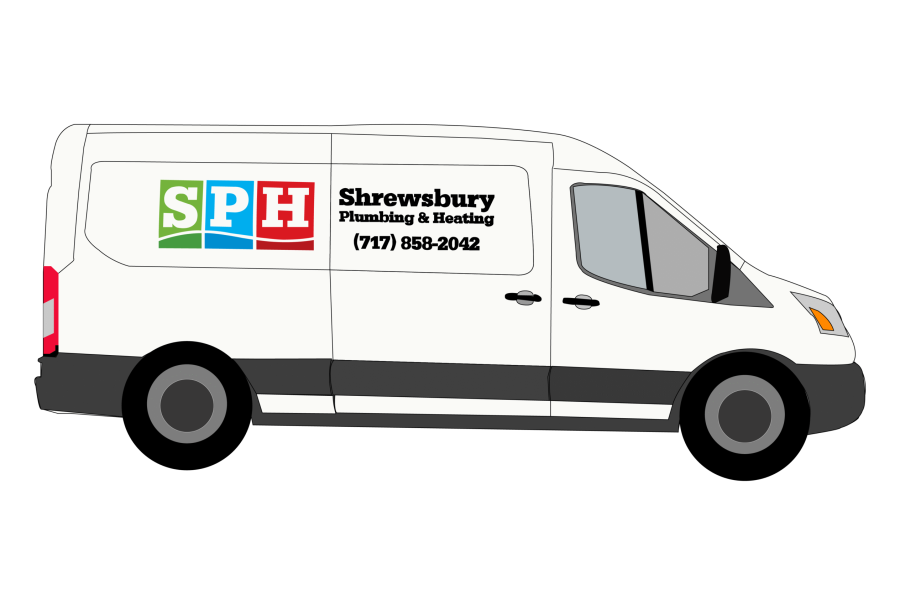 White van with “SPH” in colored blocks and “Shrewsbury Plumbing & Heating (717) 858-2042” printed on the side, shown in a simple illustration on a transparent background. White van with "SPH" in colored blocks and "Shrewsbury Plumbing & Heating (717) 858-2042" printed on the side, shown in a simple illustration on a transparent background.